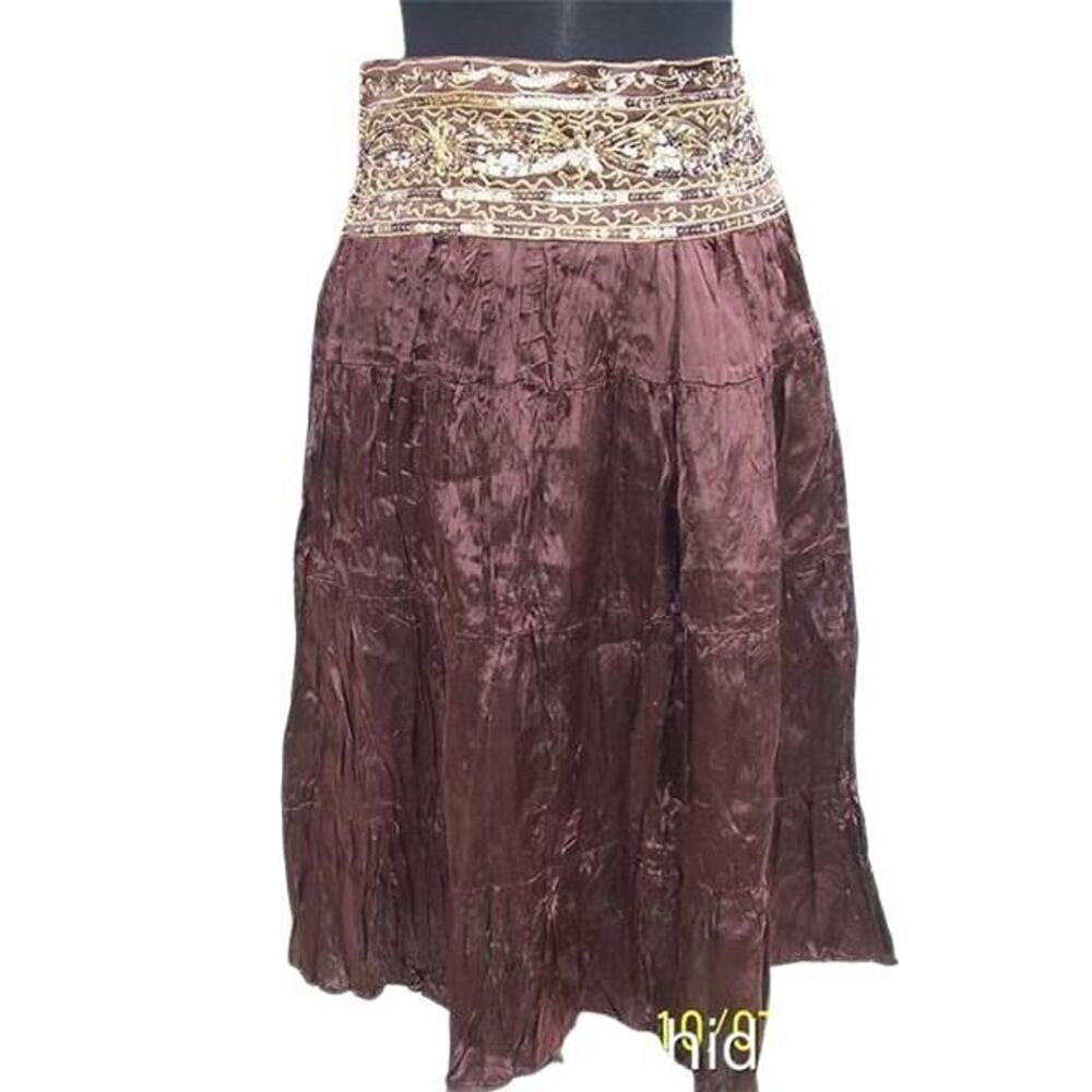 Cache Brown Silk like Boho Hand Sewn Sequins Crinkle Lined Skirt New NWT $138 - Picture 2 of 9